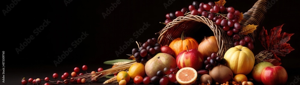 Cornucopias Filled with fruits, vegetables, and grains Cornucopias Filled with fruits, vegetables, and grains