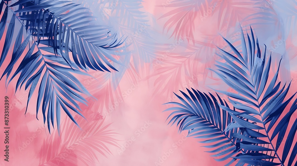 Palm tree leaves with a minimalist, abstract style on a blush pink and cobalt blue background, colorful and ultra HD Palm tree leaves with a minimalist, abstract style on a blush pink and cobalt blue background, colorful and ultra HD