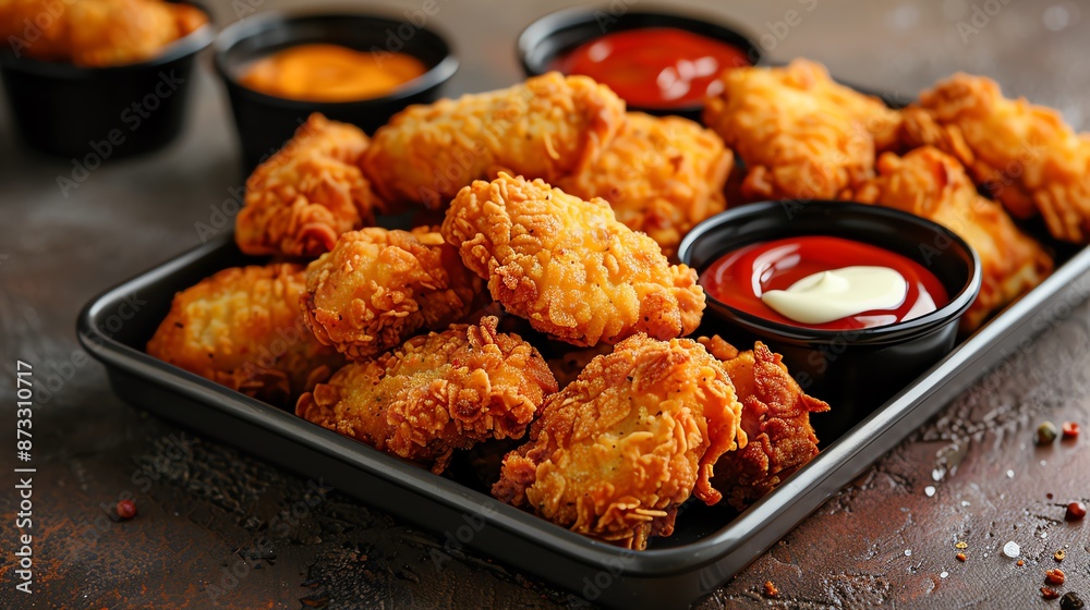 A delicious plate of crispy golden fried chicken nuggets served with various dipping sauces, perfect for a tasty snack or appetizer. A delicious plate of crispy golden fried chicken nuggets served with various dipping sauces, perfect for a tasty snack or appetizer.