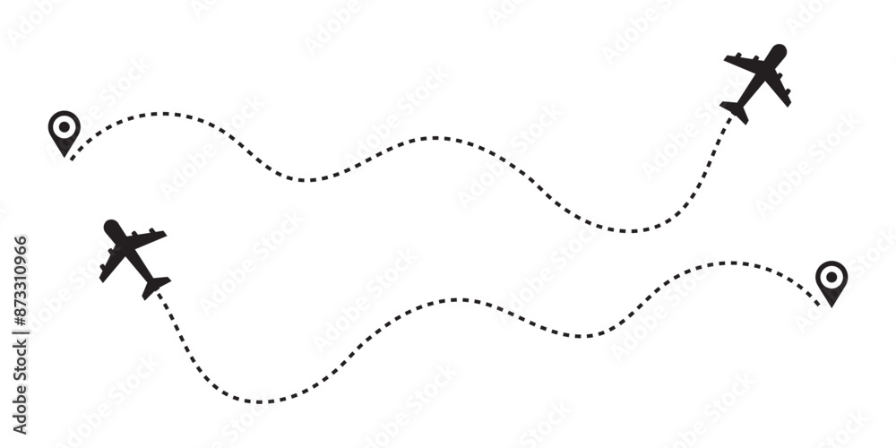 Airplane path in a dotted line shape, Aircraft tracking. Airplane line routes set. air plane flight route with start point and dash line trace. travel, map pins, location pins. Black vector. Airplane path in a dotted line shape, Aircraft tracking. Airplane line routes set. air plane flight route with start point and dash line trace. travel, map pins, location pins. Black vector.