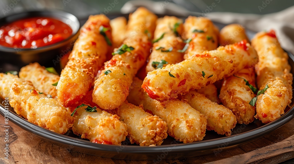A plate of crispy mozzarella sticks served with marinara sauce, garnished with herbs. Perfect appetizer or snack for cheese lovers. A plate of crispy mozzarella sticks served with marinara sauce, garnished with herbs. Perfect appetizer or snack for cheese lovers.