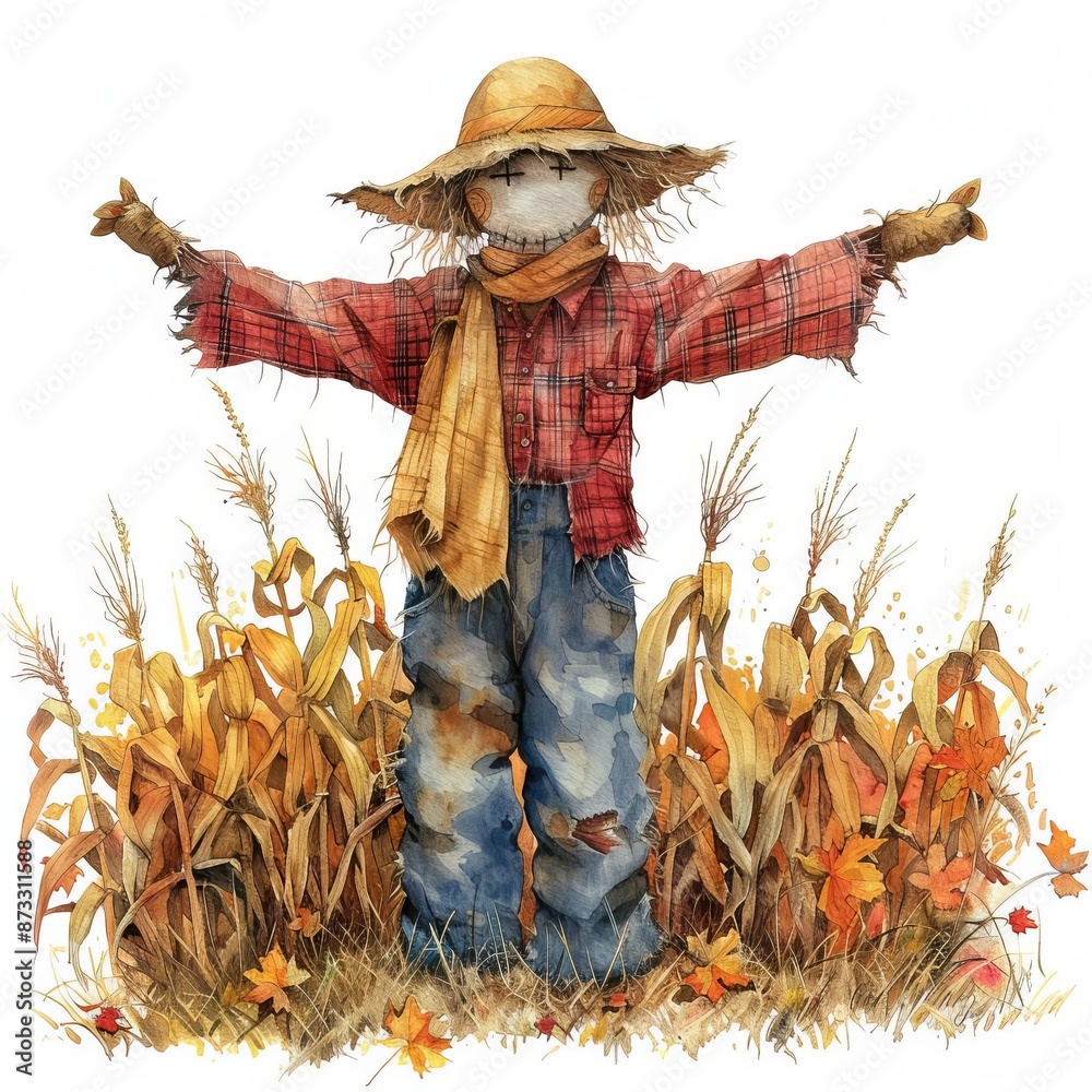 A watercolor drawing of a cheerful scarecrow standing in a corn field. A watercolor drawing of a cheerful scarecrow standing in a corn field.