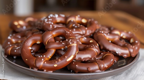 A plate of delicious chocolate-covered pretzels topped with salt, perfect for a sweet and salty snack or dessert.