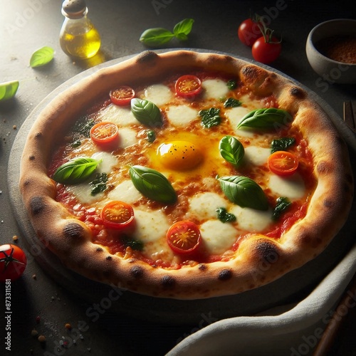 beautifully presented Italian Margherita pizza on a stone surface photo