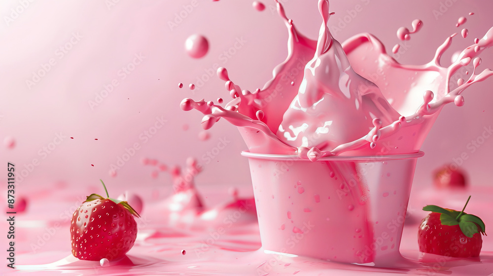 A realistic 3D-generated image shows a splash of bright pink strawberry milk. This image can be used for advertising drinks, food packaging, or culinary concepts. A realistic 3D-generated image shows a splash of bright pink strawberry milk. This image can be used for advertising drinks, food packaging, or culinary concepts.
