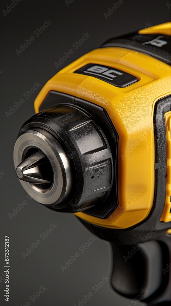 A close-up shot of an electric drill's chuck, showcasing its metal bit and the yellow and black design of the tool