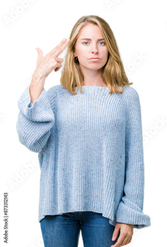 Photography Beautiful young woman wearing blue sweater over isolated background Shooting and killing oneself pointing hand and fingers to head, suicide gesture
