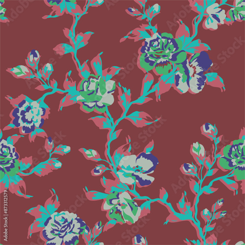 Big flowers pattern, upscale floral pattern. graphical textures floral, trendy colors pattern , flowers background with leaves. vector illustration.