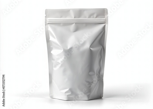 White paper biodegradable bag with zip lock. Packaging of dry pet cats or dogs food. Copy space mockup for logo design or text. Generative AI. photo