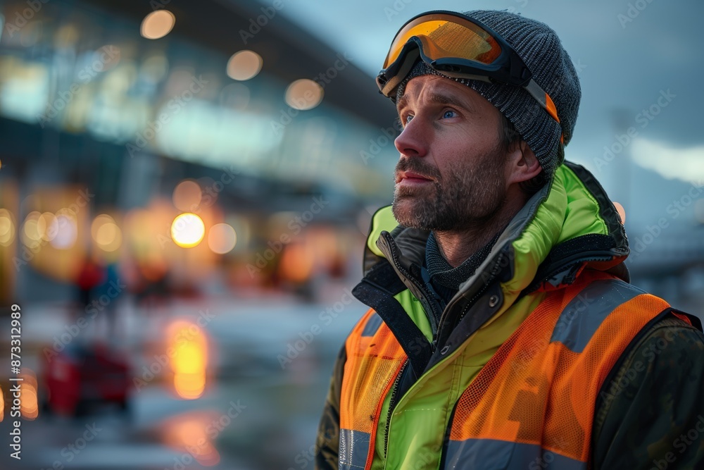 Male safety inspector in orange high-visibility vest with winter gear in industrial outdoor setting at dusk. Focused on ensuring compliance with safety regulations, professional determined expression. Male safety inspector in orange high-visibility vest with winter gear in industrial outdoor setting at dusk. Focused on ensuring compliance with safety regulations, professional determined expression.