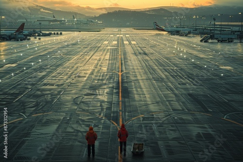 Ground staff   in red jackets walking on wet runway with snow-capped mountains in background, reflecting clear blue skies, vast runway snowy landscape their coordination dedicat photo