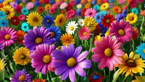 3d Animation cartoon happy spring flowers smiling. Animated background colorful spring flowers. Colorful summer garden with sunlight shining, 4K Ultra HD animation video