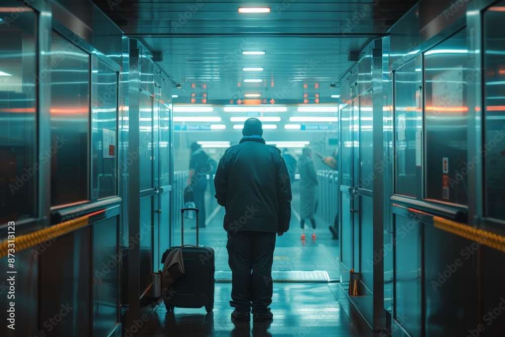 Back view of a solitary male traveler with luggage, standing in a brightly lit corridor of a transportation hub. Represents travel, solitude, and modern transportation security.