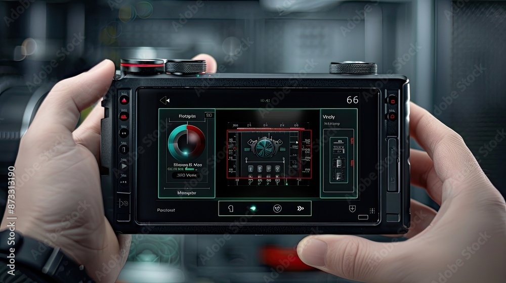 A person's hands hold a camera with a touchscreen display showing a gigapixel art image. The screen also displays settings for scale and other features A person's hands hold a camera with a touchscreen display showing a gigapixel art image. The screen also displays settings for scale and other features