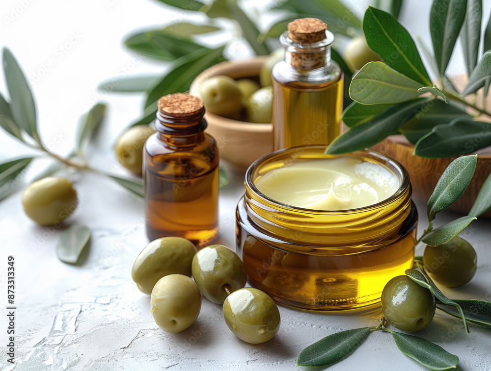 Jars natural cream olive oil, herbs surrounded olives, leaves and small bottle olive oil, flat lay Jars natural cream olive oil, herbs surrounded olives, leaves and small bottle olive oil, flat lay
