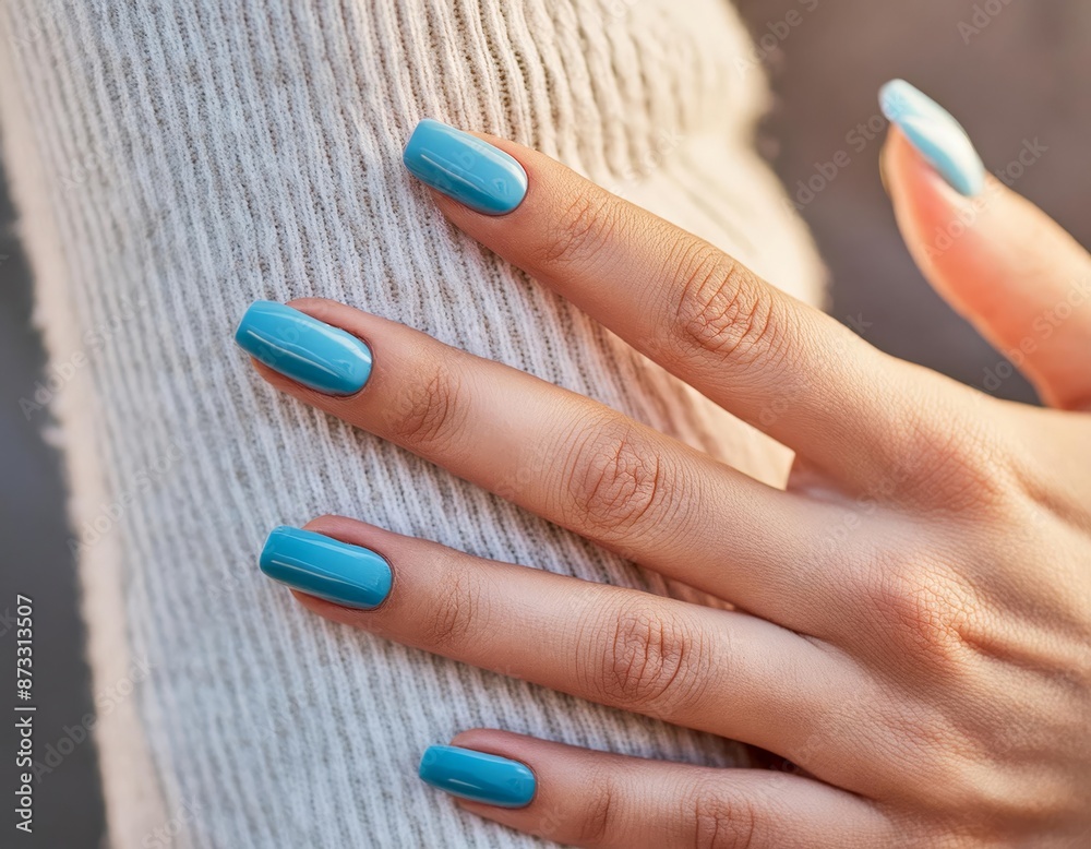 hand of elegant young woman nail polish light blue tiffany long square nails, generated Ai image. High quality photo