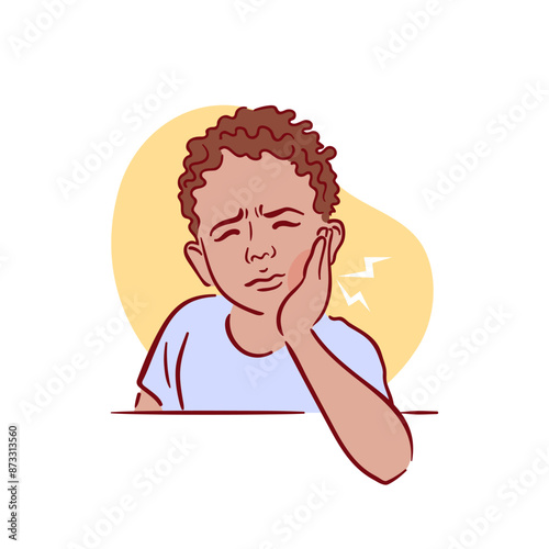 A little black boy with a beard has a severe toothache. A guy with bad teeth grabs his cheek. Acute pain. Pulpitis, caries. Hand drawn vector illustration in sketch style.