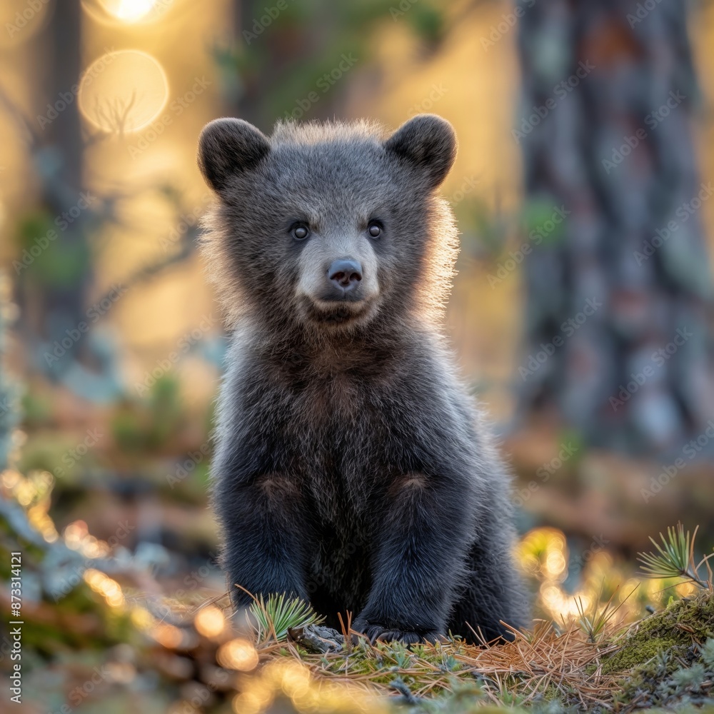 Fototapeta premium A cuddly brown bear cub sits on the forest floor bathed in morning light, surrounded by foliage, exuding both cuteness and curiosity in a pristine natural setting.