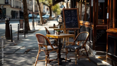 A cafe in Paris sits empty on a sunny day. The cafe has a few tables set up outside, but no one is sitting at them. A car drives down the street in the background
