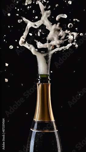 A champagne bottle is being opened, with the cork flying out and a large cloud of white bubbles erupting from the bottle's neck. The bubbles are dispersed against a black background