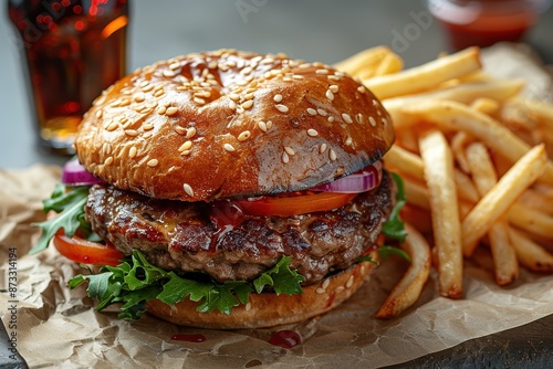 Delicious hamburger with cola and potato fries on a wooden table with a dark brown background behind. Fast food concept photo