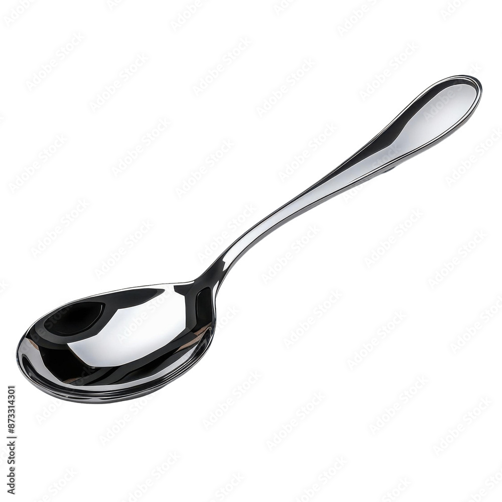 A shiny, stainless steel spoon with a reflective surface and a smooth, curved handle A shiny, stainless steel spoon with a reflective surface and a smooth, curved handle