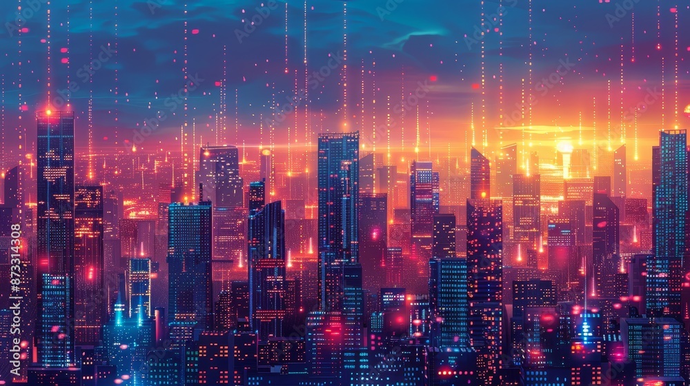 A vibrant futuristic cityscape illuminated by digital elements and glowing lights during a stunning sunset, showcasing technological advancement. A vibrant futuristic cityscape illuminated by digital elements and glowing lights during a stunning sunset, showcasing technological advancement.