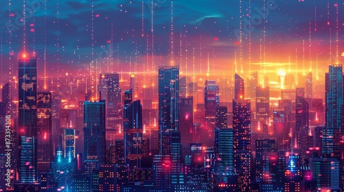 Wallpaper Mural A vibrant futuristic cityscape illuminated by digital elements and glowing lights during a stunning sunset, showcasing technological advancement. Torontodigital.ca