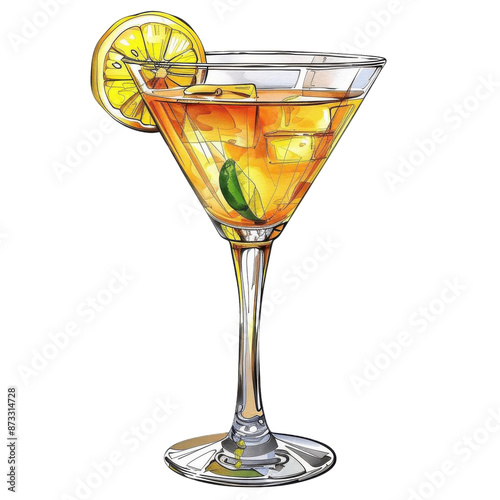 Stylish cocktail glass with an orange drink, ice cubes, and a lemon slice