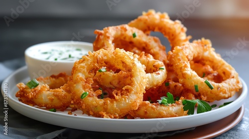 Crispy golden fried onion rings served on a white plate with a side of dipping sauce, garnished with fresh parsley.