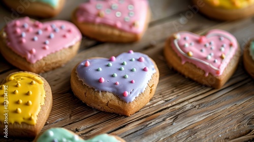 Heart-shaped cookies decorated with colorful icing on a wooden table