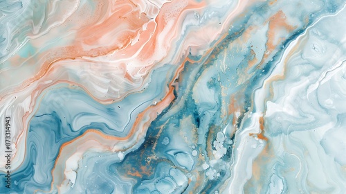 Peaceful marble ink painting in shades of light blue and peach, intricate swirls, minimalistic style on fine paper texture photo