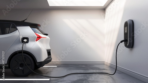 Electric car plugged into a charging station in a modern garage with sunlight streaming in from a skylight.