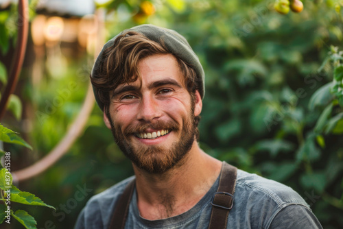 American handsome man smiling, gardener