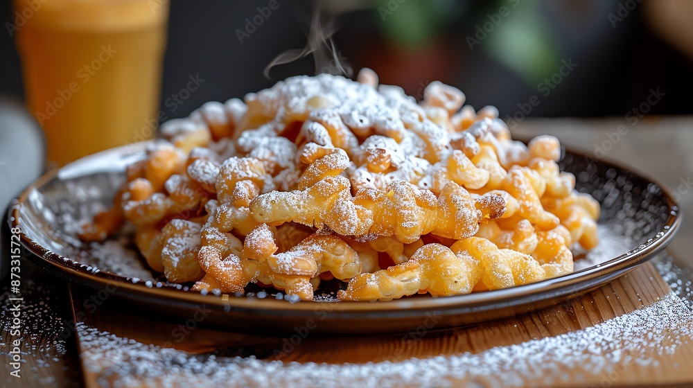 Delicious freshly made funnel cake dusted with powdered sugar on a wooden table, ready to be enjoyed as a sweet dessert or snack. Delicious freshly made funnel cake dusted with powdered sugar on a wooden table, ready to be enjoyed as a sweet dessert or snack.