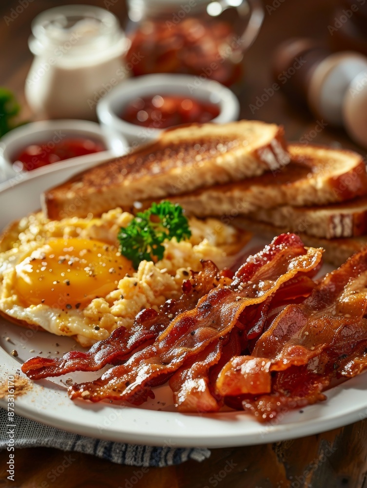 American breakfast plate with crispy bacon strips, scrambled eggs, golden hash browns, and buttered toast American breakfast plate with crispy bacon strips, scrambled eggs, golden hash browns, and buttered toast