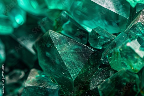 A close-up macro photograph of a radiant emerald crystal highlighting its intricate facets and deep green hues