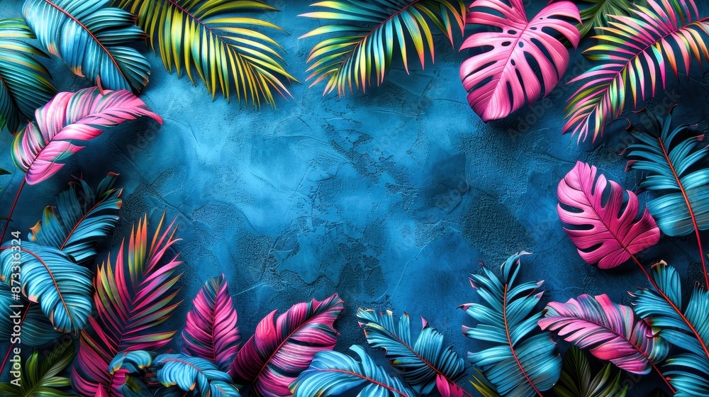 Naklejka premium Vibrant tropical leaves in pink and blue hues, creating an exotic, colorful background with a deep blue texture.