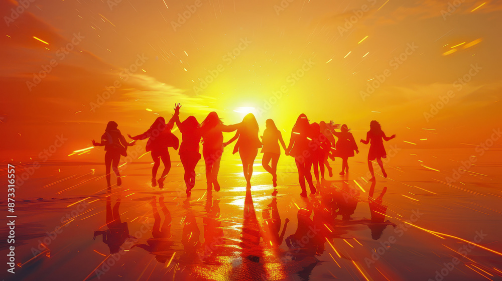 Group of people running towards a vibrant sunset on the beach, reflecting on the wet sand, creating a dynamic and energetic scenery. Group of people running towards a vibrant sunset on the beach, reflecting on the wet sand, creating a dynamic and energetic scenery.