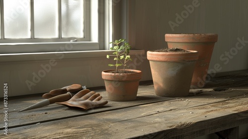 A small plant in a terracotta pot sits on a wooden table with gardening gloves and tools nearby. A window with white trim is visible in the background