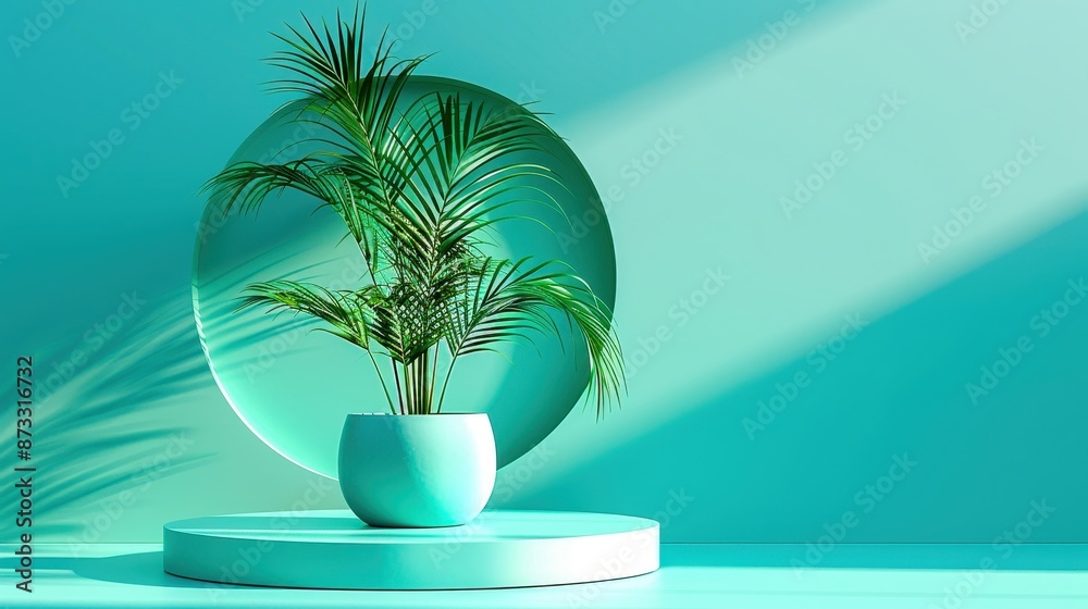 Modern green potted plant against a turquoise round backdrop with shadows, creating a stylish and serene composition in a minimalistic setting. Modern green potted plant against a turquoise round backdrop with shadows, creating a stylish and serene composition in a minimalistic setting.