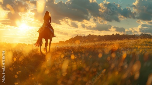 Young woman riding horse across field at golden sunset