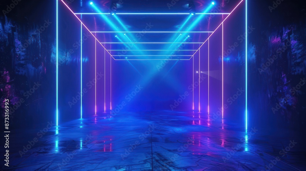 Fototapeta premium dark abstract background with blue neon lines and spotlights