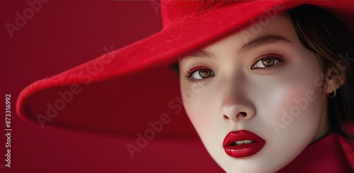 Woman Wearing Red Hat and Lipstick Against Red Background