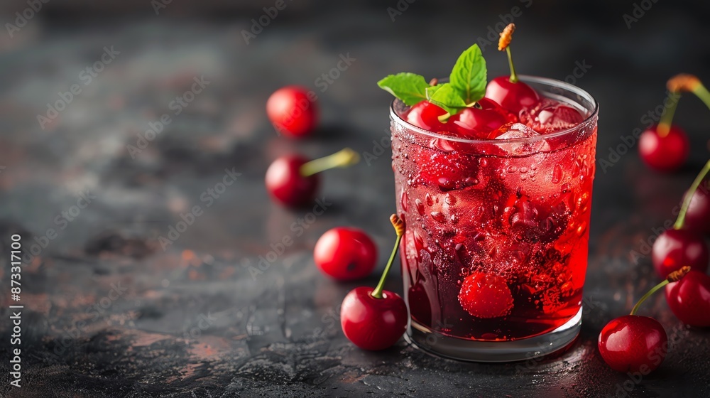 Refreshingly cool cherry cocktail with ice and mint garnish on a dark rustic background, perfect for a summer beverage or a vibrant drink advertisement. Refreshingly cool cherry cocktail with ice and mint garnish on a dark rustic background, perfect for a summer beverage or a vibrant drink advertisement.