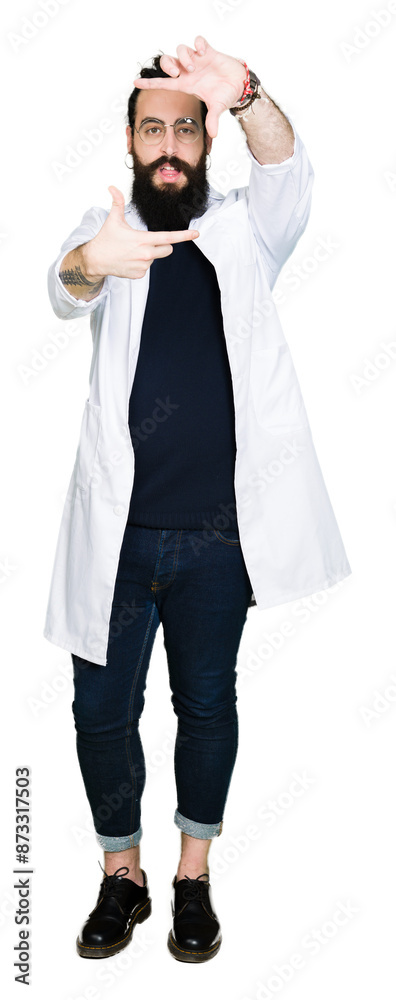 Doctor therapist man with long hair and bear wearing white coat smiling making frame with hands and fingers with happy face. Creativity and photography concept. Doctor therapist man with long hair and bear wearing white coat smiling making frame with hands and fingers with happy face. Creativity and photography concept.