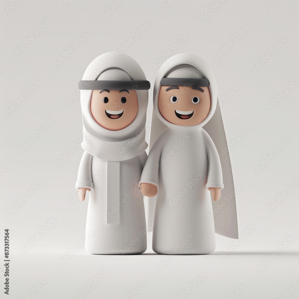 cute muslim couple wearing islamic outfit, woman wearing hijab 3d character concept cute muslim couple wearing islamic outfit, woman wearing hijab 3d character concept