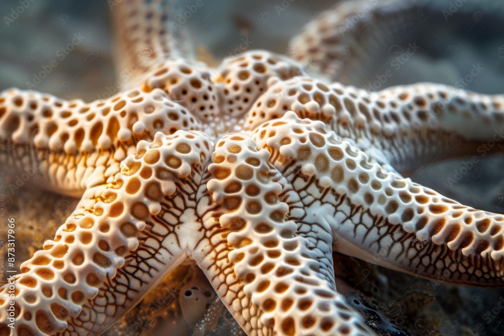 A close-up image of a sea star, focusing on the intricate patterns and textures on its skin. The image captures the beauty and detail of the marine creature A close-up image of a sea star, focusing on the intricate patterns and textures on its skin. The image captures the beauty and detail of the marine creature