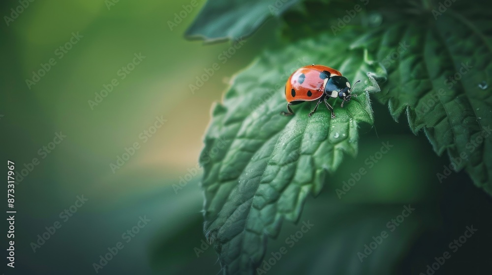 Fototapeta premium Small red-orange ladybug on a green leaf