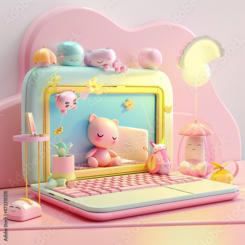 cute laptop setup desk layout 3d illustration, 3d Laptop Illustration